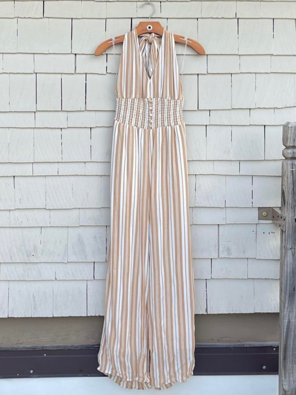 Striped Halter Jumpsuit in Beige and White